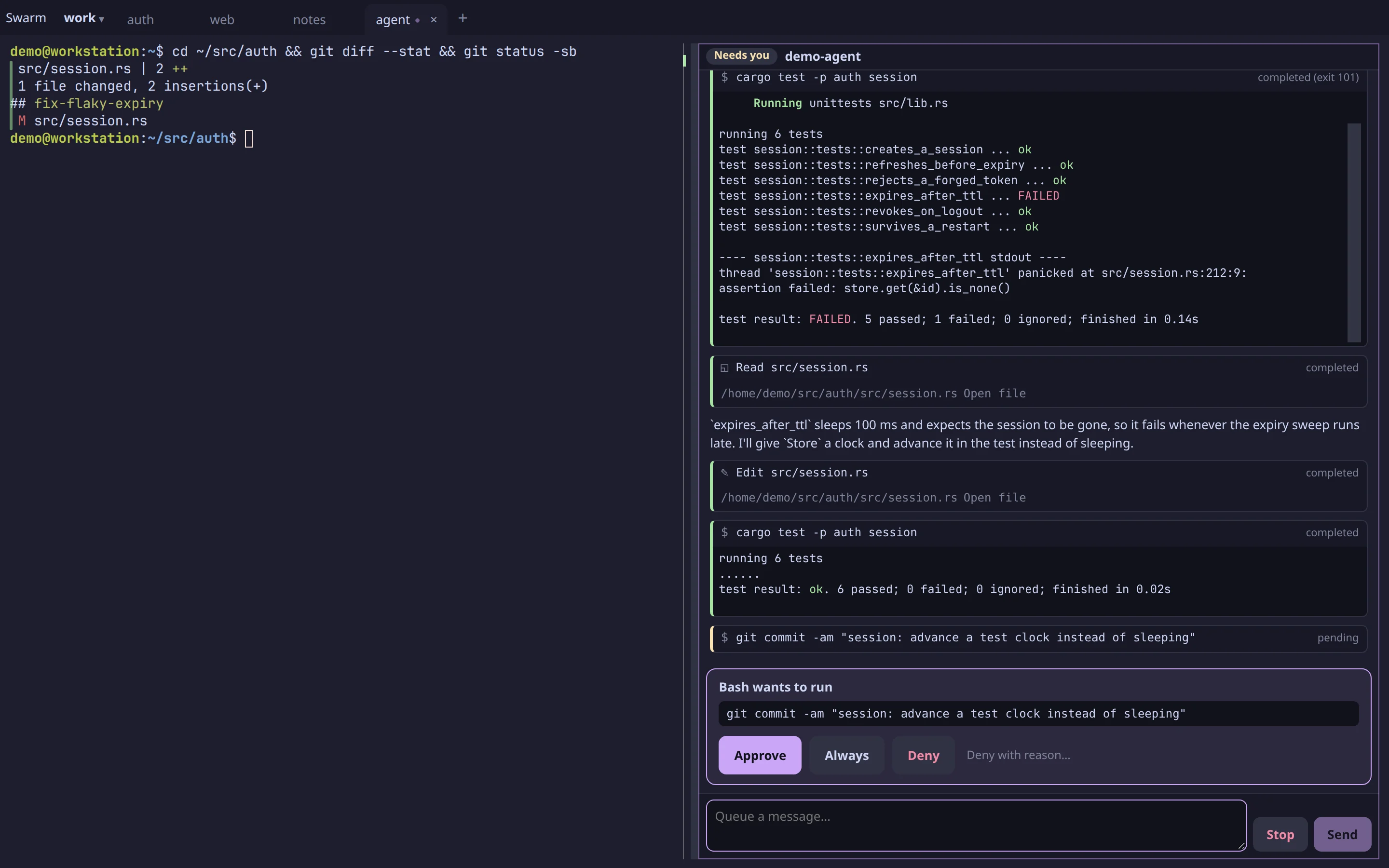 An agent block working through a failing test beside a shell, with its commands and results
