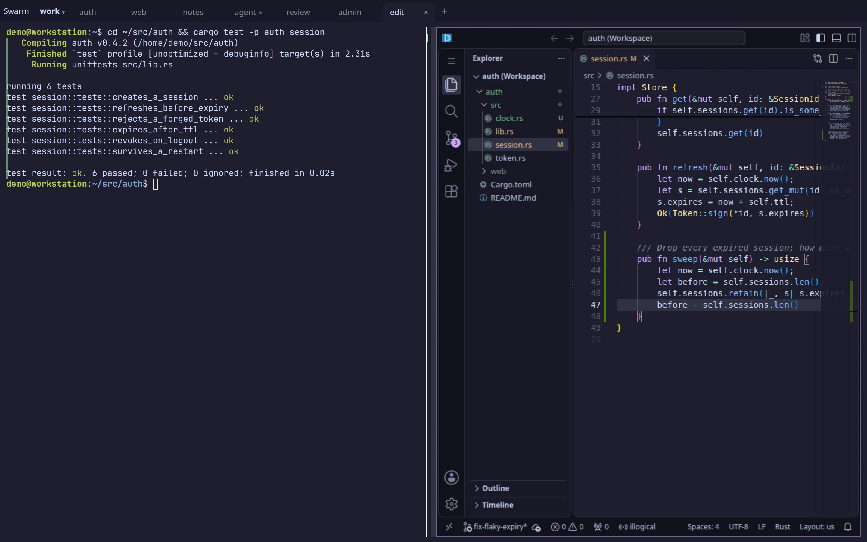 A passing test run beside VS Code, open on the same repository at the changed function