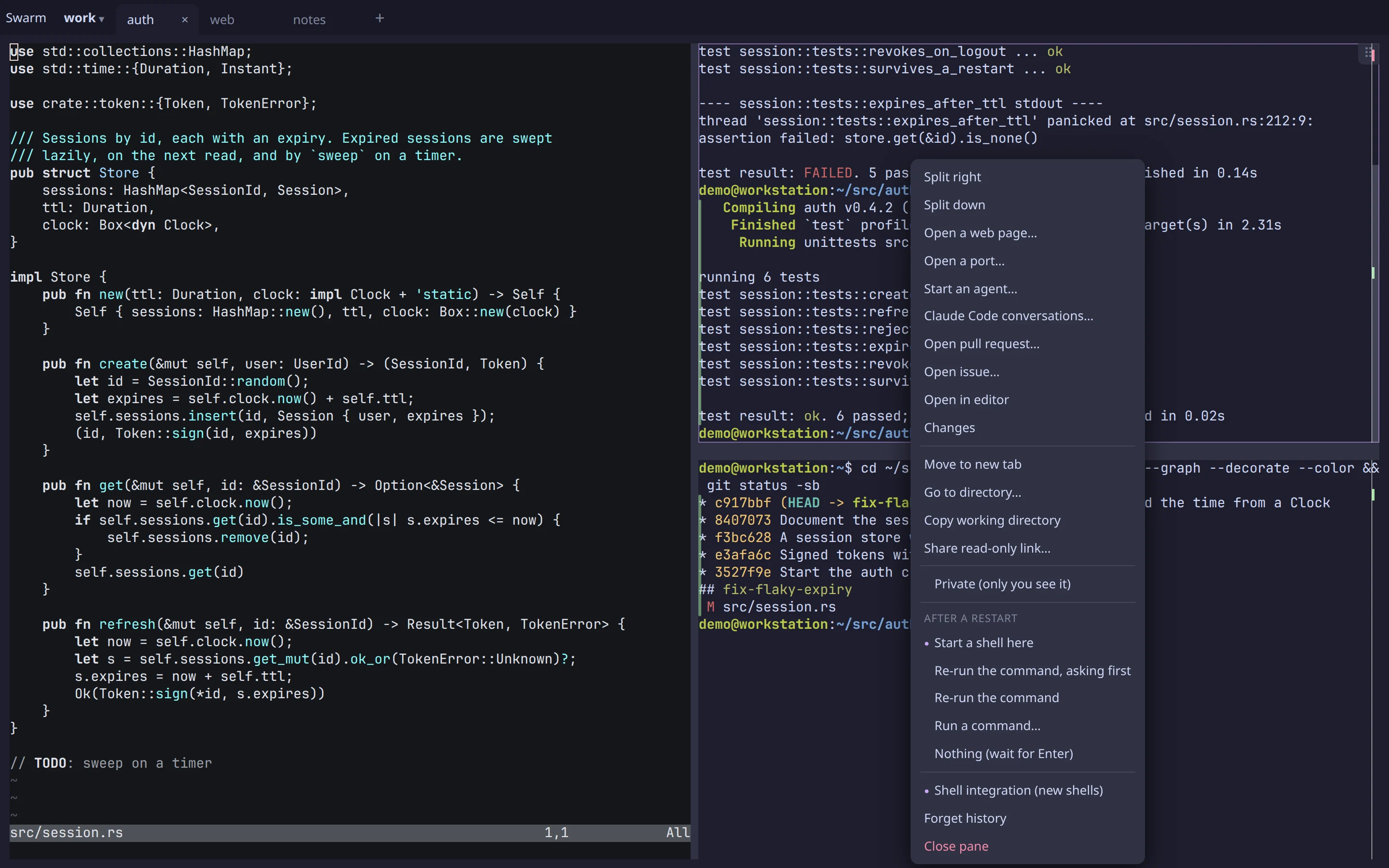 A pane’s menu: splitting, opening a web page or a port, starting an agent, pull requests, issues, changes, and what the pane does after a restart