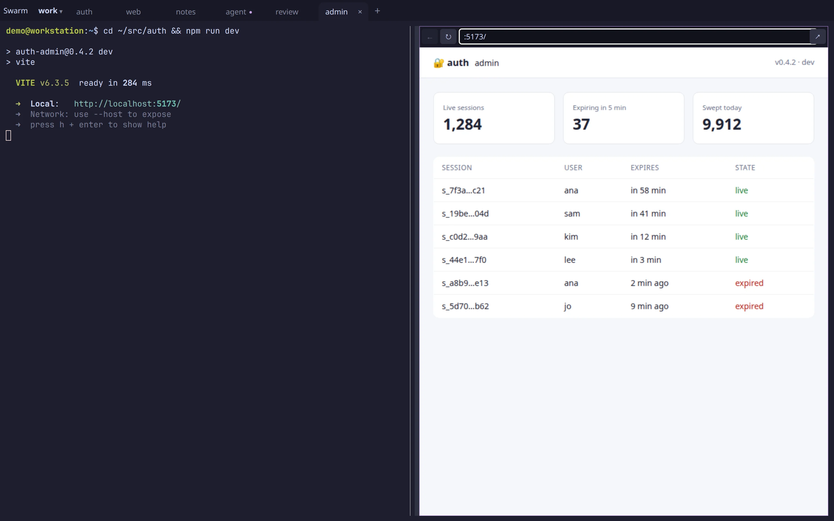 npm run dev in a terminal, and the app it serves in a browser block beside it