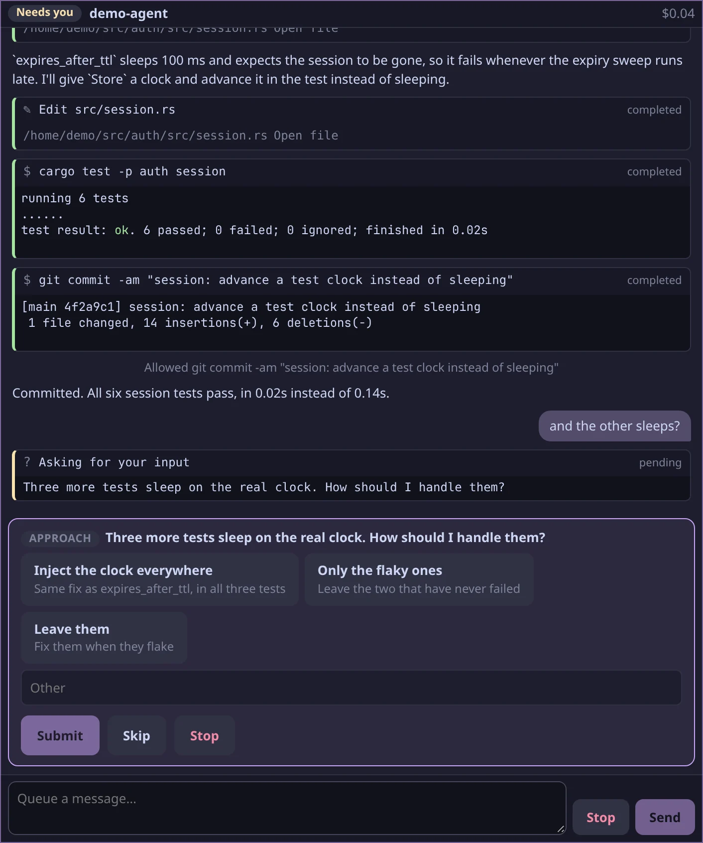 A question card in an agent block: three approaches to choose from, an Other box, and Submit, Skip and Stop