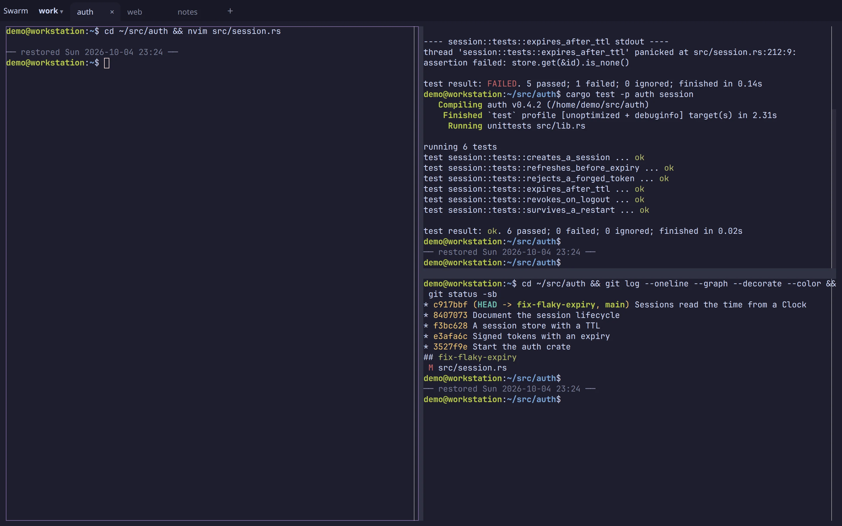 A restored workspace, with earlier terminal output kept above fresh prompts